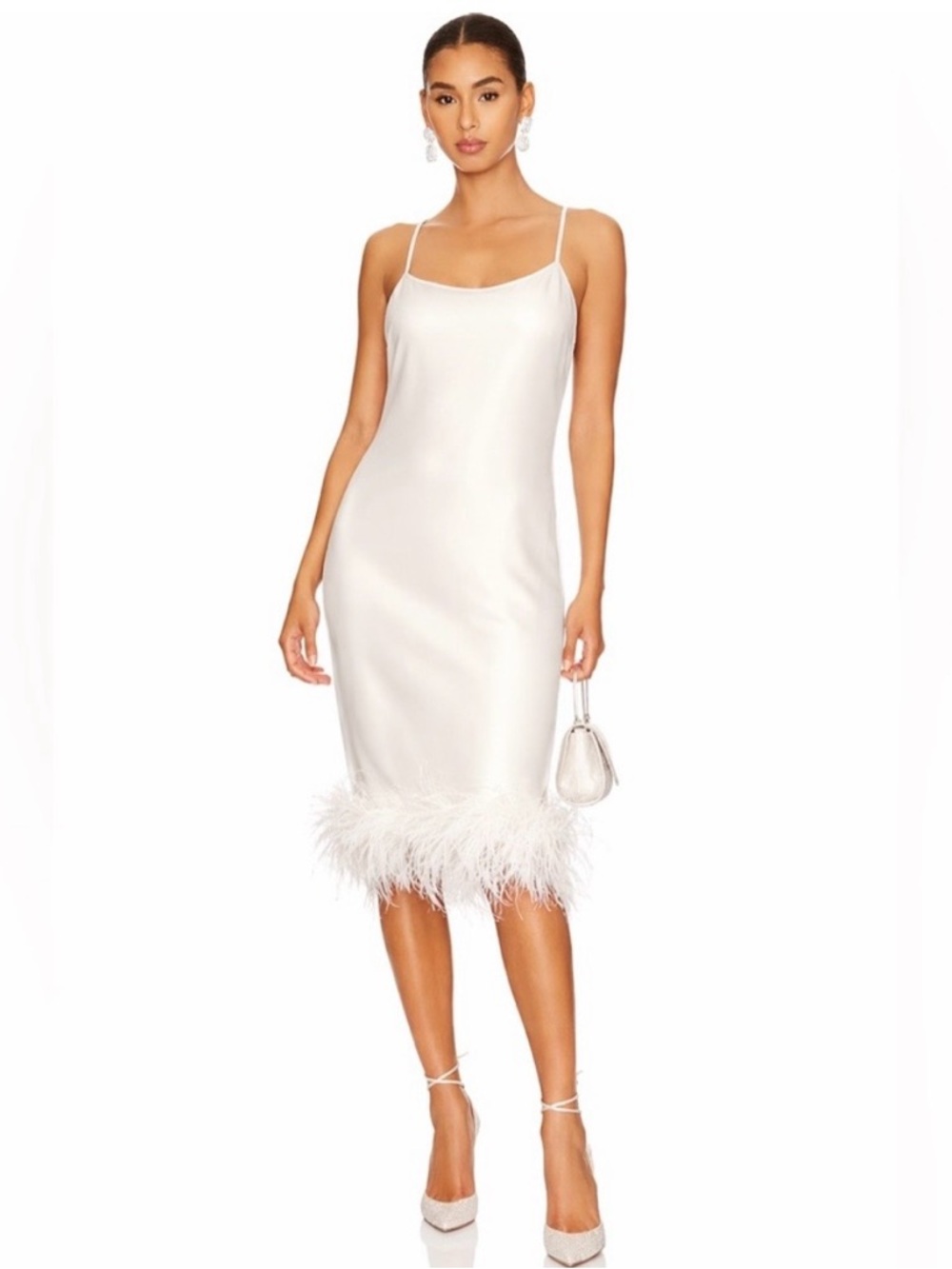 AMANDA UPRICHARD Marianna Revolve White Ivory Midi Slip Dress Feather Hem XS